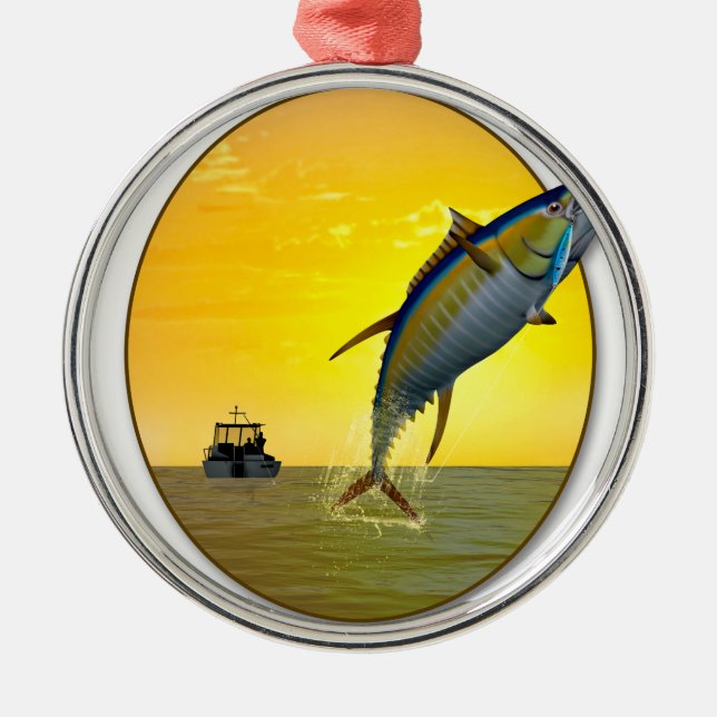 Sport Fishing at Dawn Metal Tree Decoration (Front)