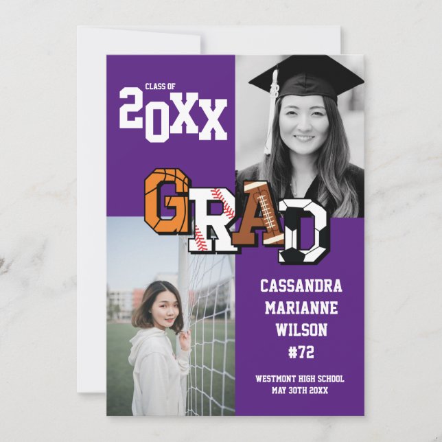 Sport Graduation Soccer Basketball Football Purple Invitation (Front)