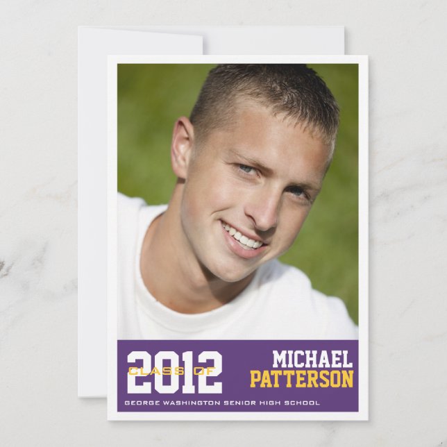 Sport Guy Photo Graduation Party Invitation Purple (Front)