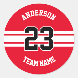 Sport Name, Team and Number Red Designs Classic Round Sticker