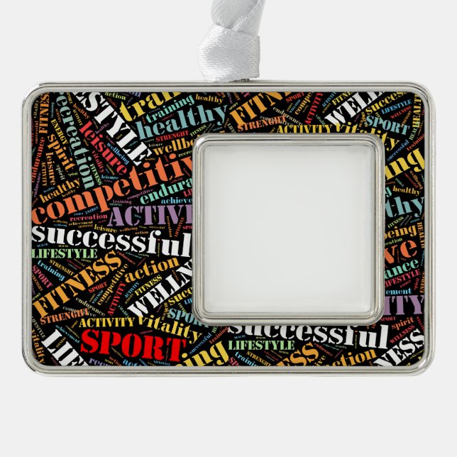 Sport related words pattern silver plated framed ornament (Front)