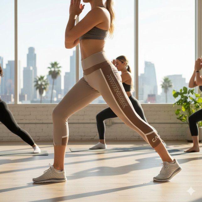 Sportive Mocha Mousse Geometric Stripes Monogram  Capri Leggings (Sportive Mocha Mousse Geometric Stripes Monogram Capri Leggings ©Sachers - Sunny Wanderlust 🌞✈️)