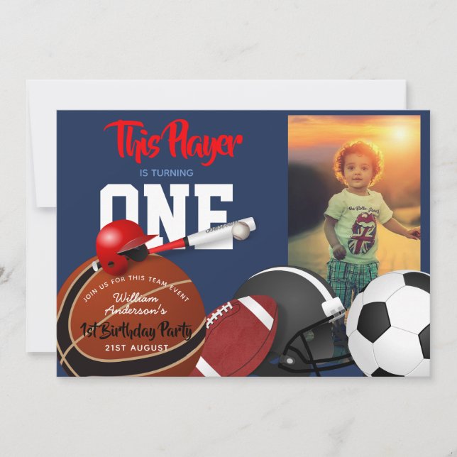 Sports 1st Birthday Baseball Football Invitations (Front)