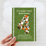 Sports 4th Birthday Party Invitation<br><div class="desc">Sports 4th Birthday Party Invitation for your all star kid! Number 4 is made of footballs, soccer balls, basketballs and golf balls on a green grass background. Design continues on the back resembling a jersey with name and birthday age. Your friends and family will definitely have a ball at this...</div>