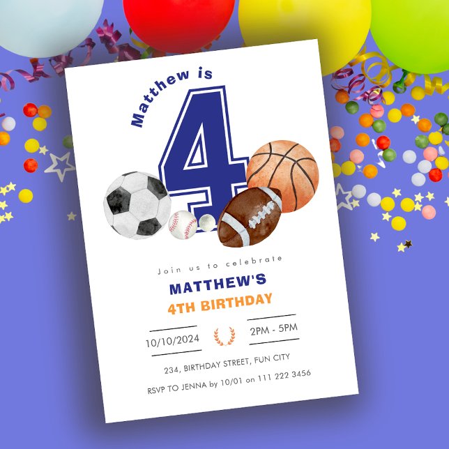 Sports 4th Boy Athlete Birthday Invitation (Sports 4th Boy Athlete Birthday Invitation)