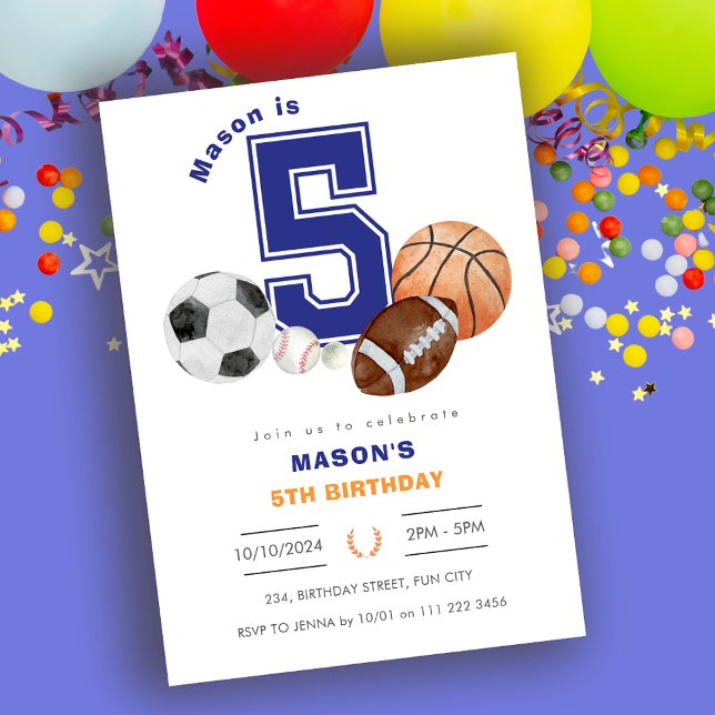 Sports 5th Boy Athlete Birthday Invitation (Sports 5th Boy Athlete Birthday Invitation)