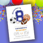 Sports 8th Boy Athlete Birthday Invitation<br><div class="desc">Game On! Sports 8th Birthday Invitation 🏀⚽🏈 Kick off an unforgettable celebration with this Sports 8th Birthday Invitation! Featuring a bold collegiate-style “8” and a mix of classic sports elements, this design is perfect for little athletes who love soccer, basketball, football, and baseball. Whether you're hosting a backyard game day...</div>