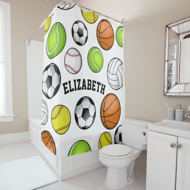 Sports All STAR Personalised Name Girl's Shower Curtain (In Situ)