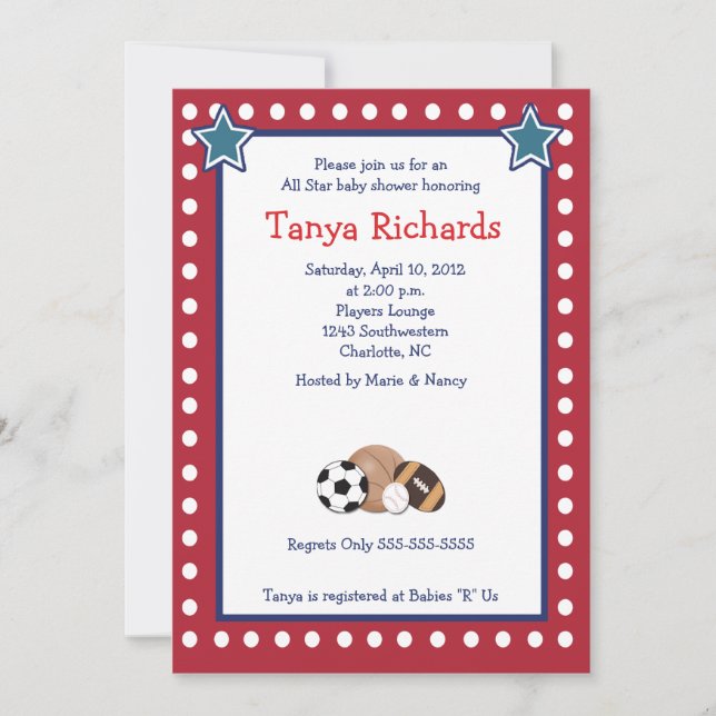 Sports All Stars Red Border Baby Shower Invitation (Front)