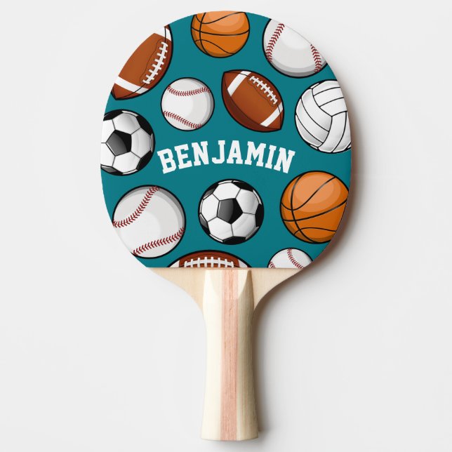 Sports Assortment Personalised Name Teal Ping Pong Paddle (Front)