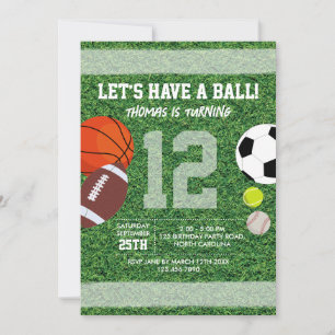 Sports Athletic Ball Theme Kids Birthday Party Invitation