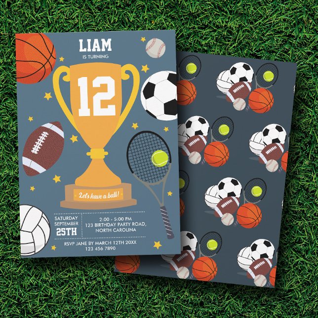 Sports Athletic Balls Kids Blue Birthday Party Invitation (Sports Athletic Balls Kids Blue Birthday Party Invitation)