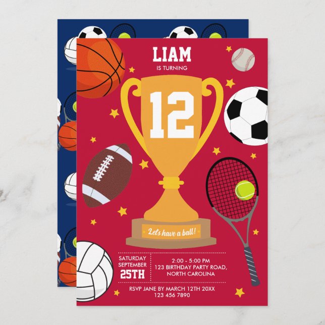 Sports Athletic Balls Kids Red Blue Birthday Party Invitation (Front/Back)