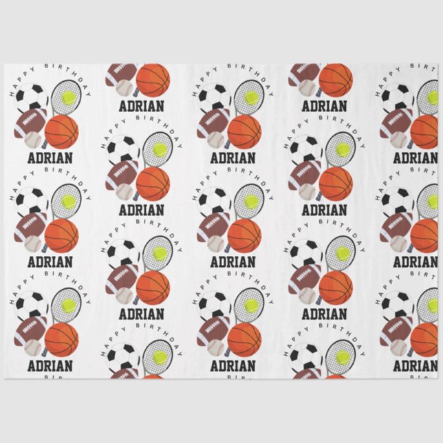 Sports Athletic Balls Personalised Name Birthday Tissue Paper (Front)