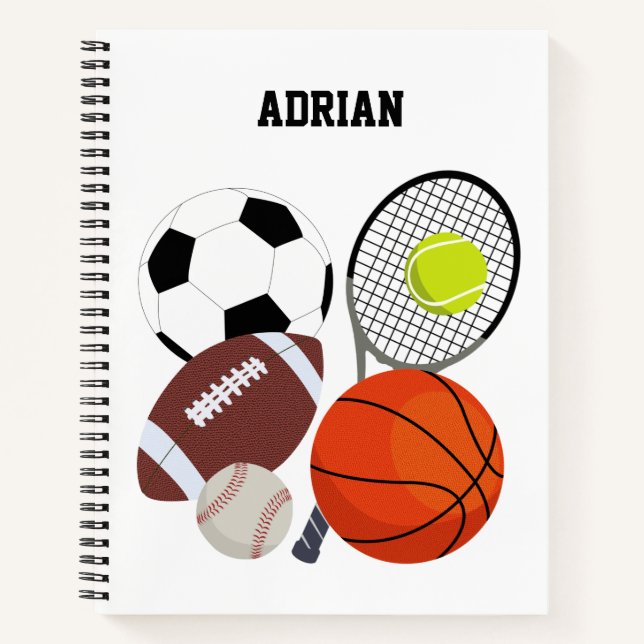 Sports Athletic Balls Personalised Name Notebook (Front)