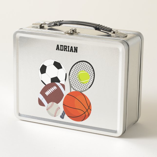 Sports Athletic Balls Personalised Name School Metal Lunch Box (Front)