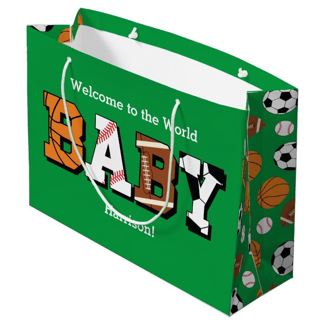 Sports Baby Shower Co-ed Green Gender Neutral Large Gift Bag (Back Angled)