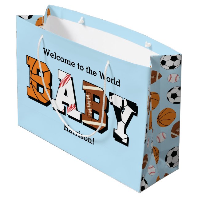 Sports Baby Shower Co-ed Theme Boy Blue Large Gift Bag (Back Angled)