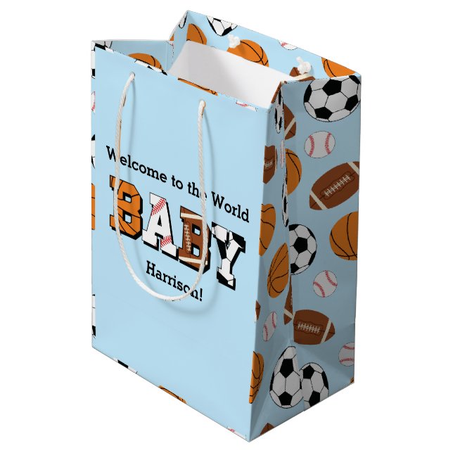 Sports Baby Shower Co-ed Theme Boy Blue Medium Gift Bag (Back Angled)