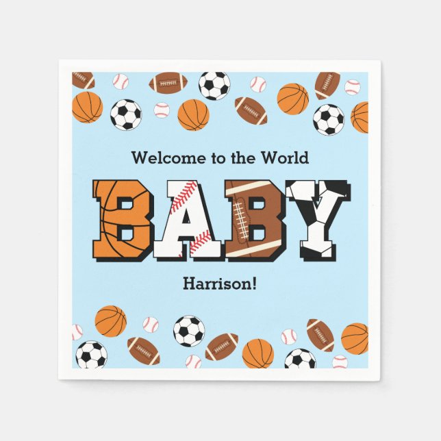 Sports Baby Shower Co-ed Theme Boy Blue Napkin (Front)