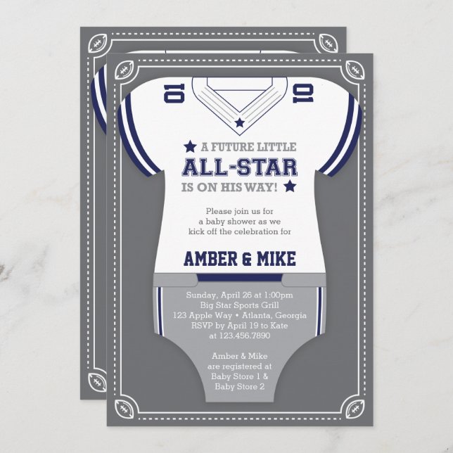 Sports Baby Shower Invitation, Football, Blue Grey Invitation (Front/Back)