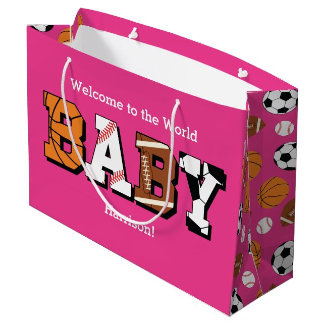Sports Baby Shower Pink Girl Large Gift Bag (Back Angled)