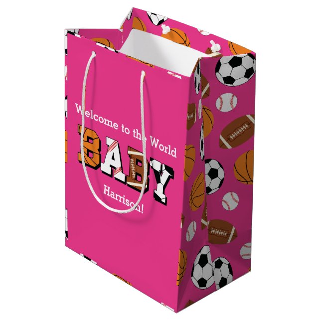 Sports Baby Shower Pink Girl Medium Gift Bag (Back Angled)