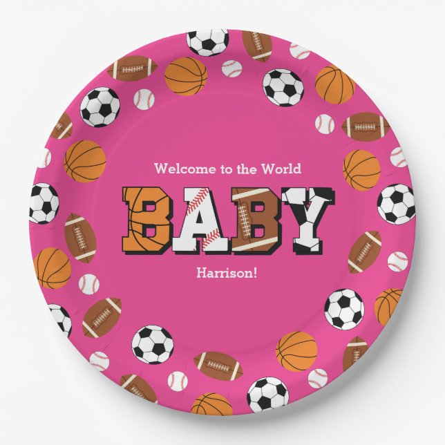 Sports Baby Shower Pink Girl Paper Plate (Front)