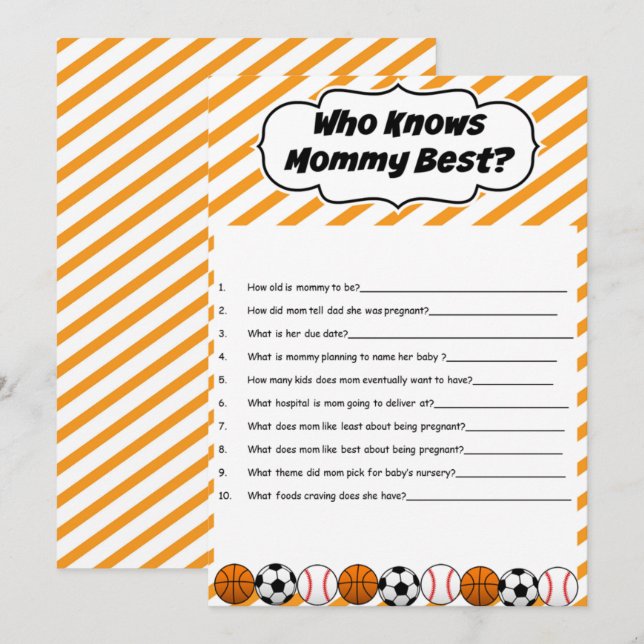 Sports Baby Shower Who Knows Mummy Best Game Invitation (Front/Back)