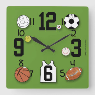 Sports Ball Characters-Sports Equipment Square Wall Clock