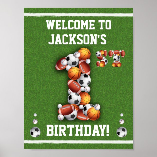 Sports balls 1st Birthday Welcome Sign (Front)