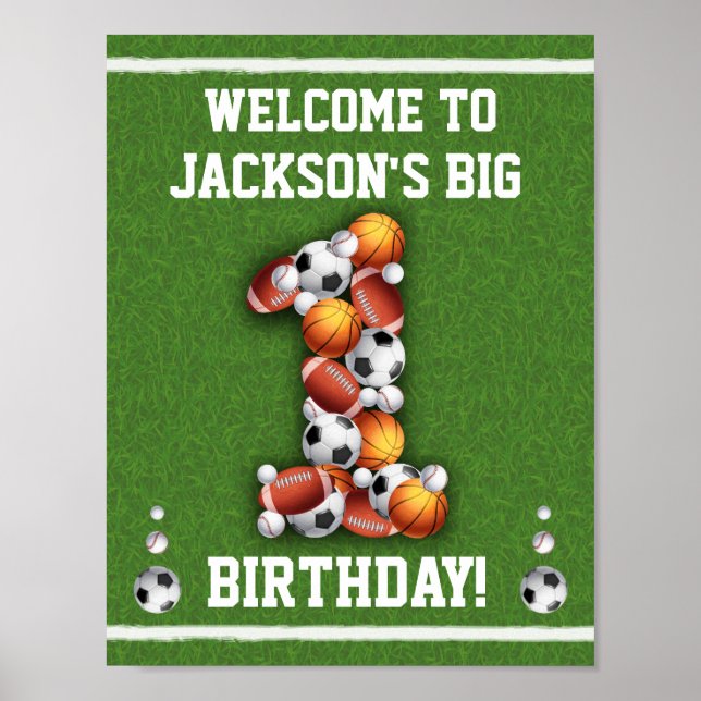Sports balls 1st Birthday Welcome Sign (Front)