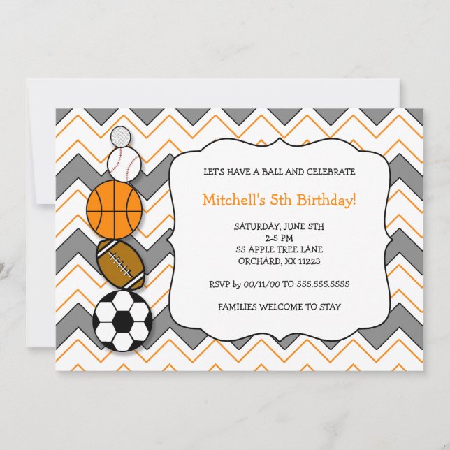 Sports balls birthday party invites (Front)
