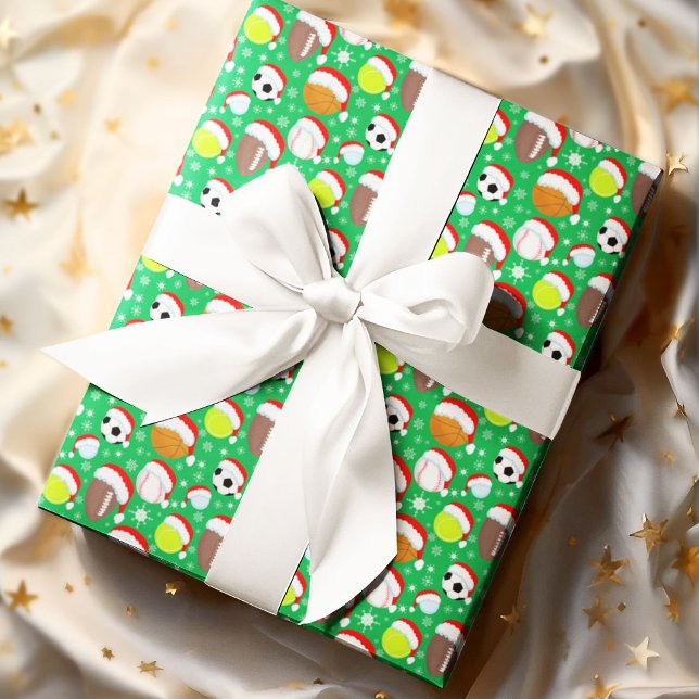 Sports Balls Wearing Santa's Hat Christmas Green Wrapping Paper (Creator Uploaded)