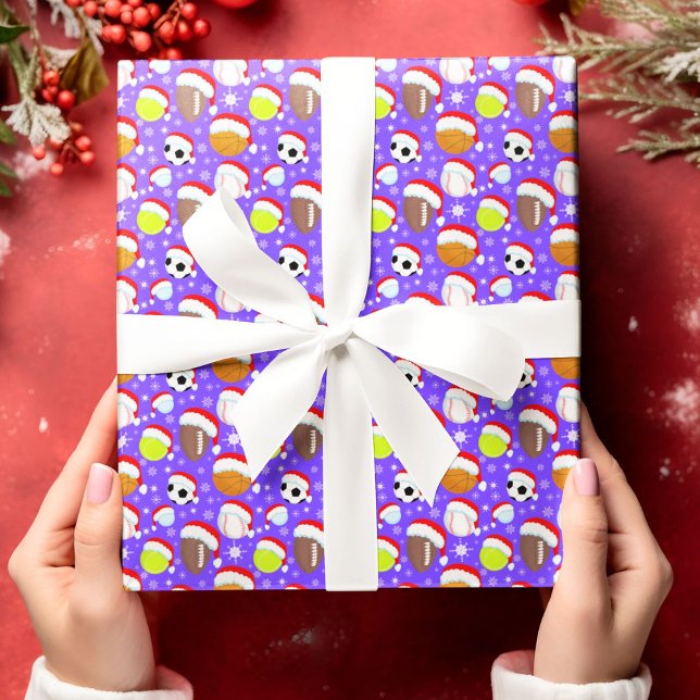 Sports Balls Wearing Santa's Hat Christmas Purple Wrapping Paper (Creator Uploaded)