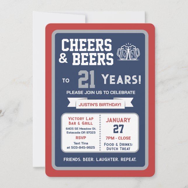 Sports Bar Birthday Cheers and Beers to 21 Years  Invitation (Front)