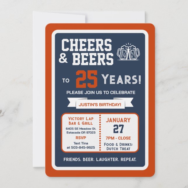 Sports Bar Birthday Cheers and Beers to 25 Years Invitation (Front)