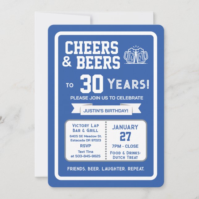 Sports Bar Birthday Cheers and Beers to 30 Years  Invitation (Front)