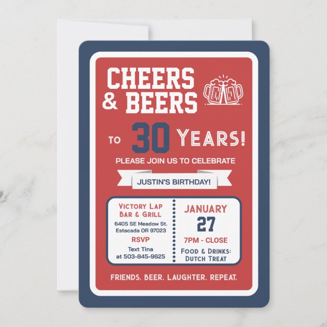 Sports Bar Birthday Cheers and Beers to 30 Years  Invitation (Front)