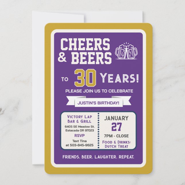 Sports Bar Birthday Cheers and Beers to 30 Years Invitation (Front)