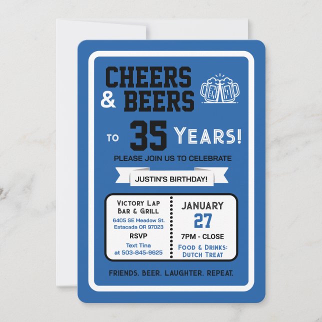 Sports Bar Birthday Cheers and Beers to 35 Years  Invitation (Front)