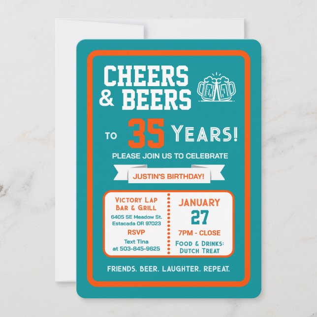 Sports Bar Birthday Cheers and Beers to 35 Years Invitation (Front)