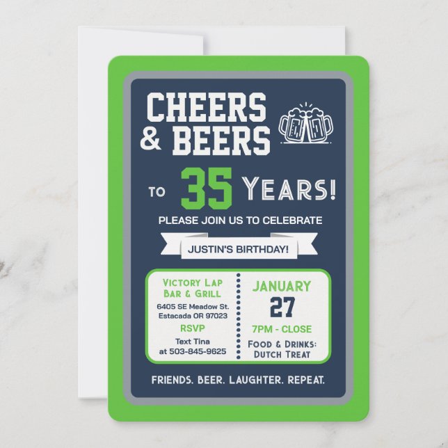 Sports Bar Birthday Cheers and Beers to 35 Years Invitation (Front)