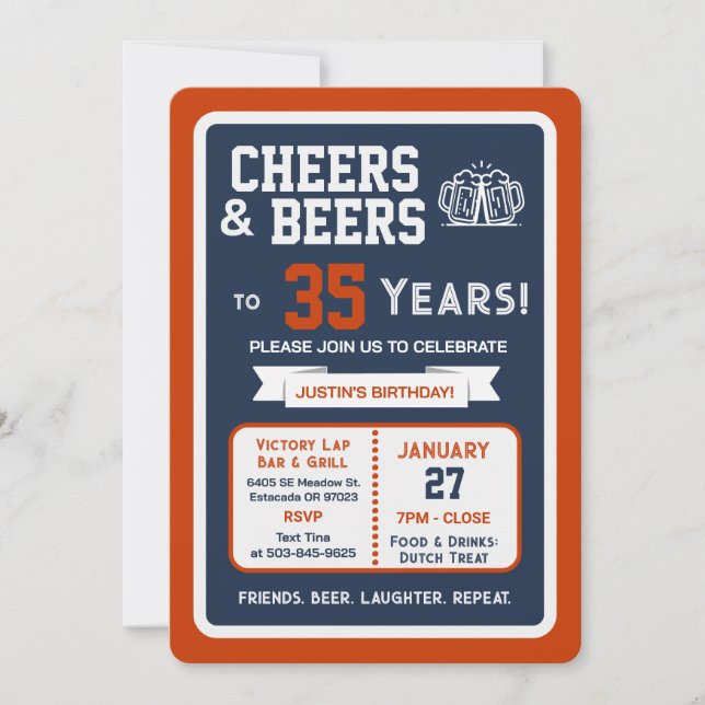 Sports Bar Birthday Cheers and Beers to 35 Years Invitation (Front)