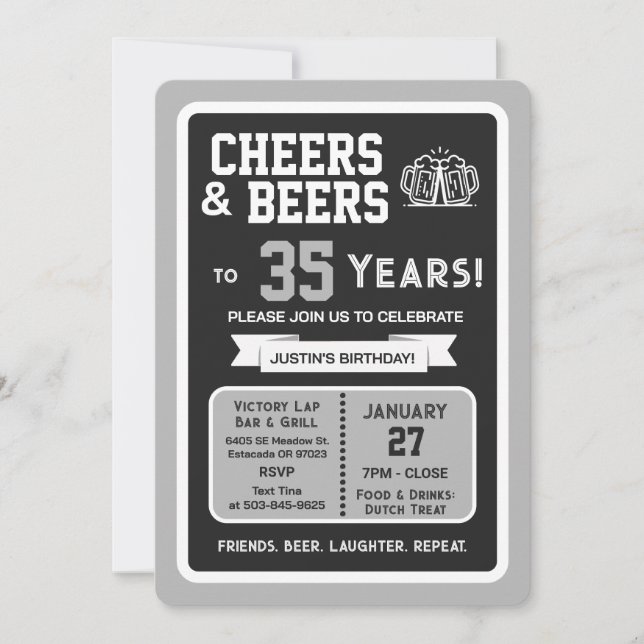 Sports Bar Birthday Cheers and Beers to 35 Years Invitation (Front)