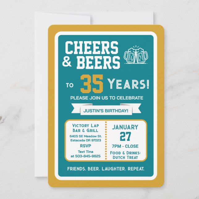 Sports Bar Birthday Cheers and Beers to 35 Years  Invitation (Front)