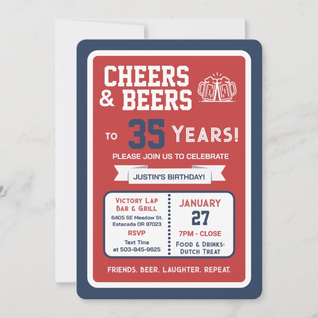 Sports Bar Birthday Cheers and Beers to 35 Years  Invitation (Front)