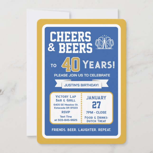 Sports Bar Birthday Cheers and Beers to 40 Years  Invitation (Front)