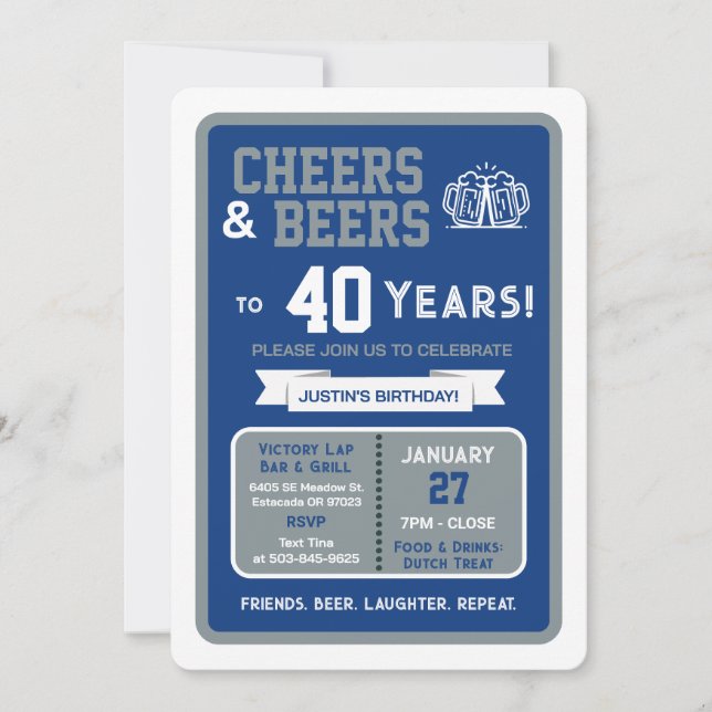 Sports Bar Birthday Cheers and Beers to 40 Years Invitation (Front)