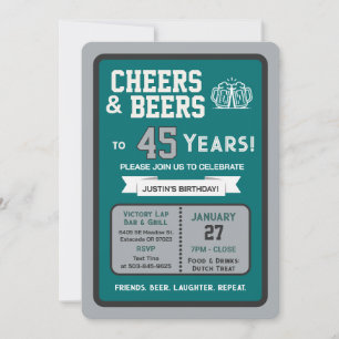Sports Bar Birthday Cheers and Beers to 45 Years  Invitation